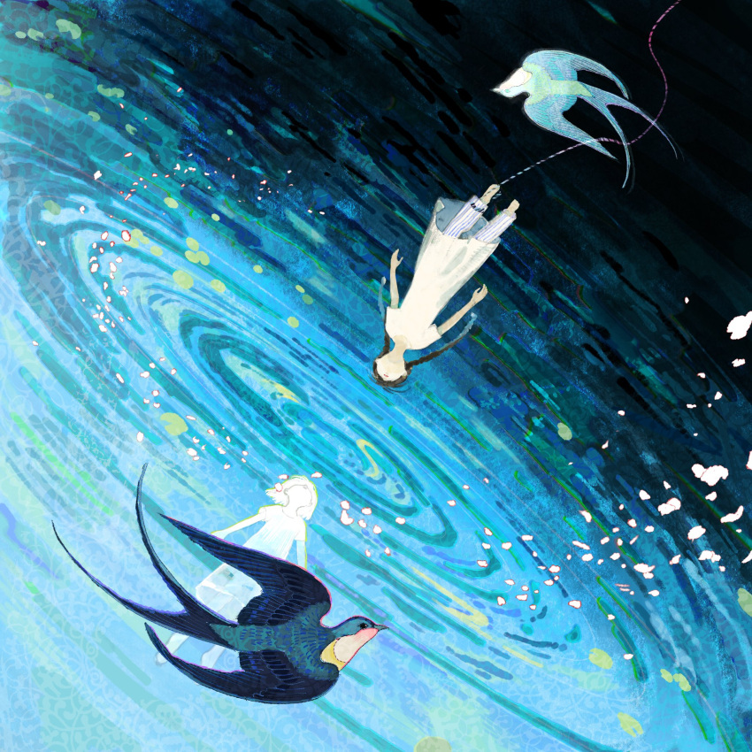 1girl, bird, black_bird, black_hair, flying, highres, long_hair, original
