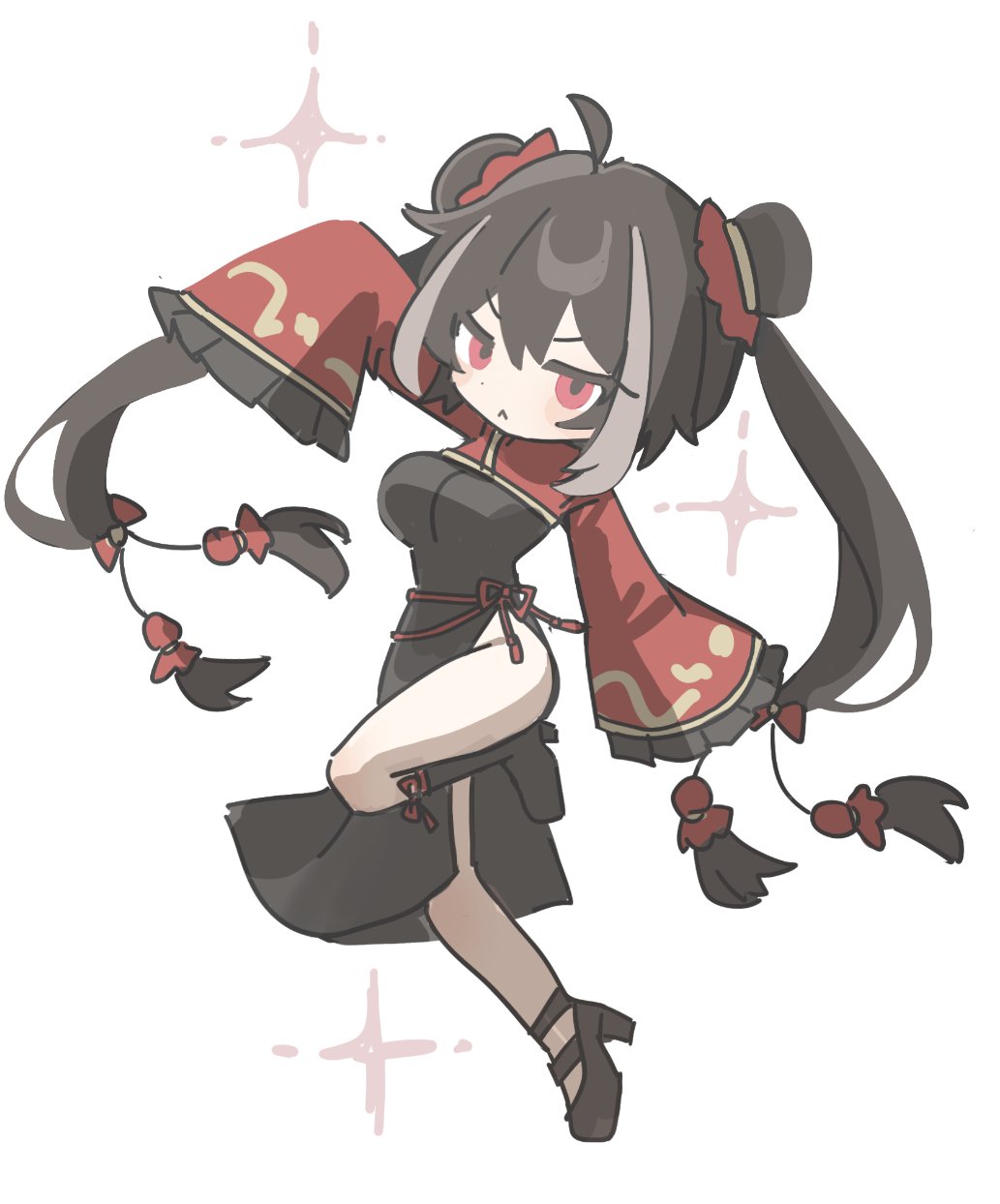 1girl, :<, ahoge, arm_up, black_dress, black_hair, black_shoes, closed_mouth