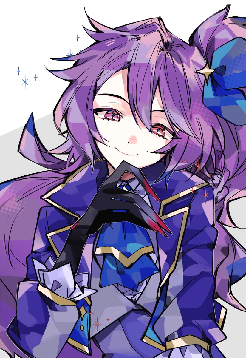 1other, androgynous, aqua_ascot, aqua_bow, black_gloves, blue_jacket, bow, closed_mouth