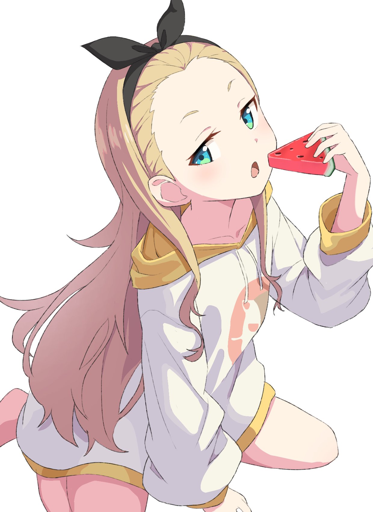 1girl, :o, black_bow, black_hairband, blonde_hair, blue_eyes, blush, bow