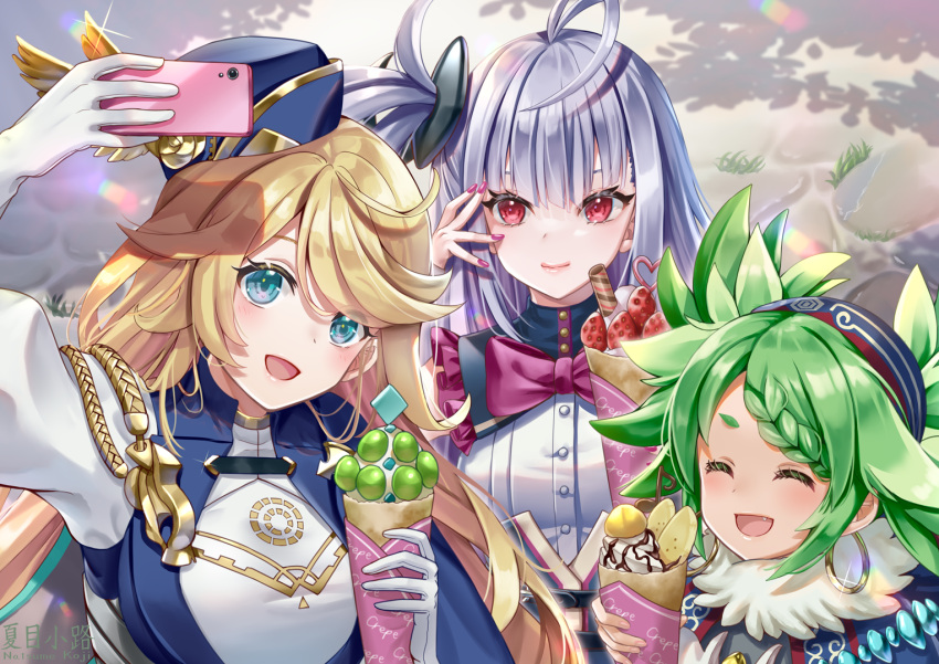 3girls, ahoge, aqua_eyes, artist_name, blonde_hair, bow, bowtie, braid