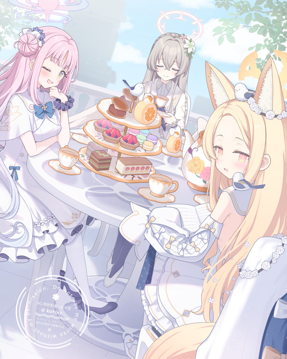 3girls, ;d, animal_ear_fluff, animal_ears, animal_on_head, animal_on_shoulder, bare_shoulders, bird