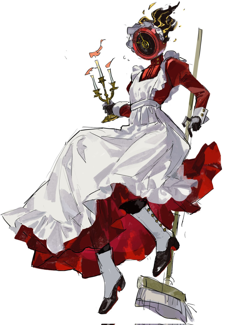 1other, apron, black_gloves, black_shoes, broom, candlestand, clock, dante_(limbus_company)
