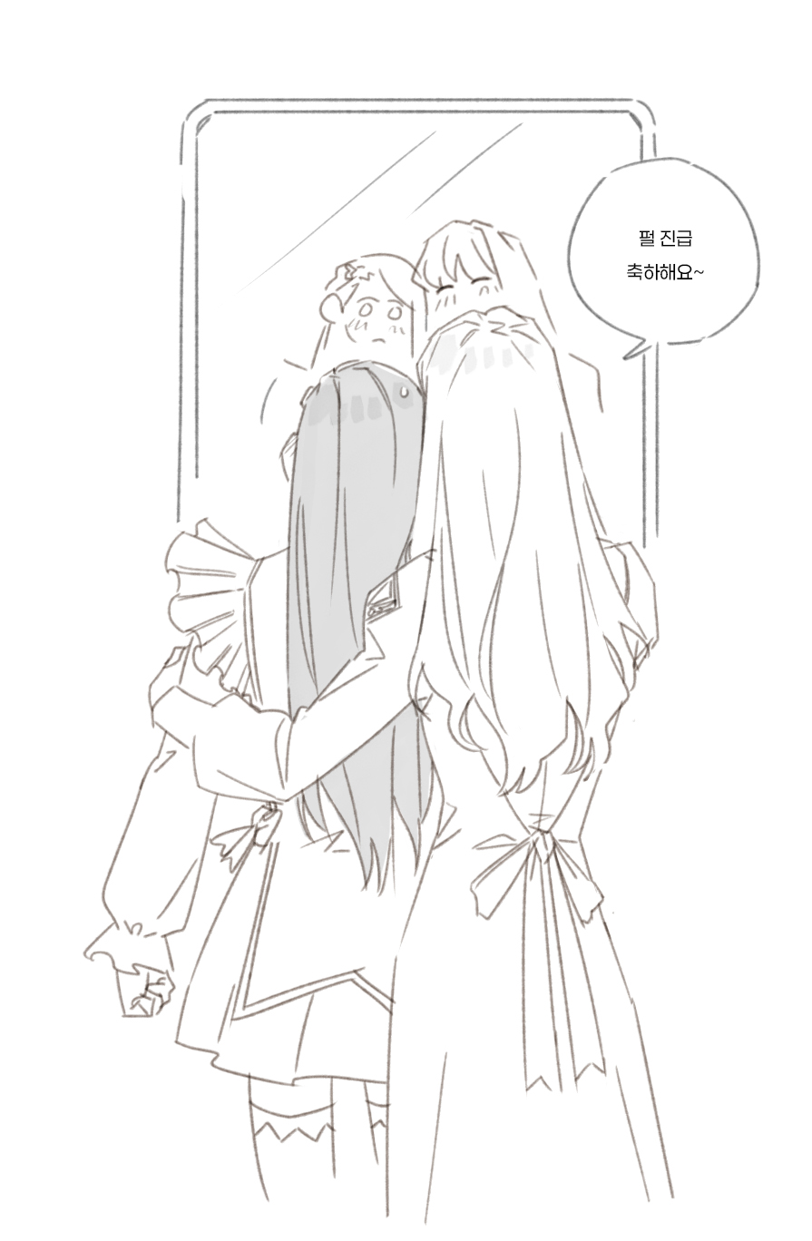 2girls, blush, closed_eyes, commentary_request, dress, from_behind, garderobe_uniform, greyscale, guri_gom, highres, juliet_sleeves, korean_commentary, korean_text, long_hair, long_sleeves, meister_otome_uniform, mirror, monochrome, multiple_girls, my-otome, natsuki_kruger, puffy_sleeves, reflection, shizuru_viola, smile, speech_bubble, thigh-highs, translation_request