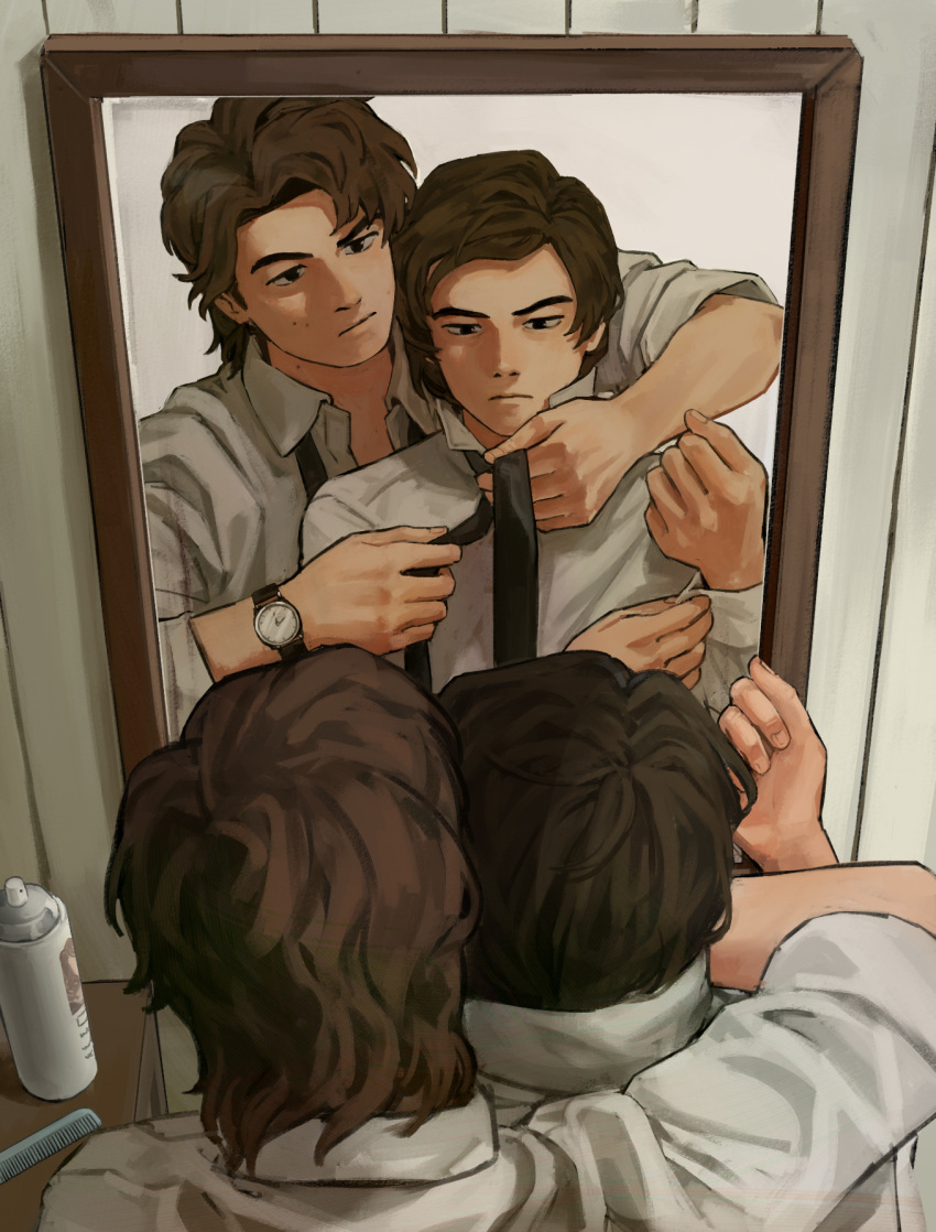 2boys, adjusting_sleeves, bags_under_eyes, behind_another, black_eyes, black_necktie, brown_hair, c-fish