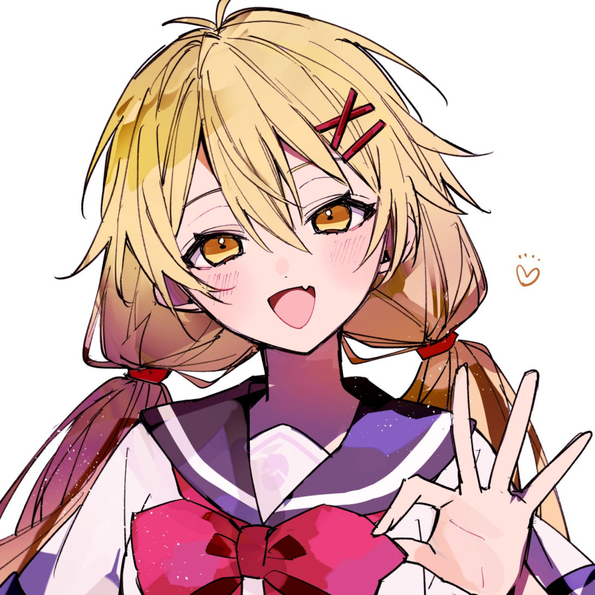 1girl, :d, adjusting_bowtie, antenna_hair, blonde_hair, blue_sailor_collar, bow, bowtie