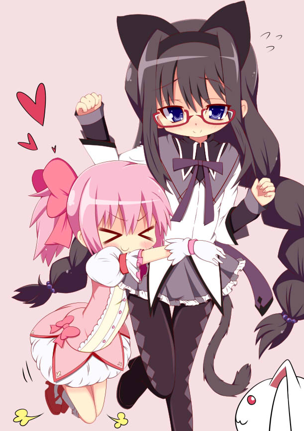 >_<, akemi_homura, animal_ears, black_hair, braid, bubble_skirt, cat_ears, glasses, gloves, hair_ribbon, hairband, happy, heart, hug, hug_from_behind, jpeg_artifacts, kaname_madoka, kemonomimi_mode, kyubey, long_hair, magical_girl, mahou_shoujo_madoka_magica, matsubara_ryuu, matsubara_tatsu, multiple_girls, pantyhose, pink_hair, red-framed_glasses, ribbon, short_twintails, smile, spoilers, tail, twin_braids, twintails, white_gloves