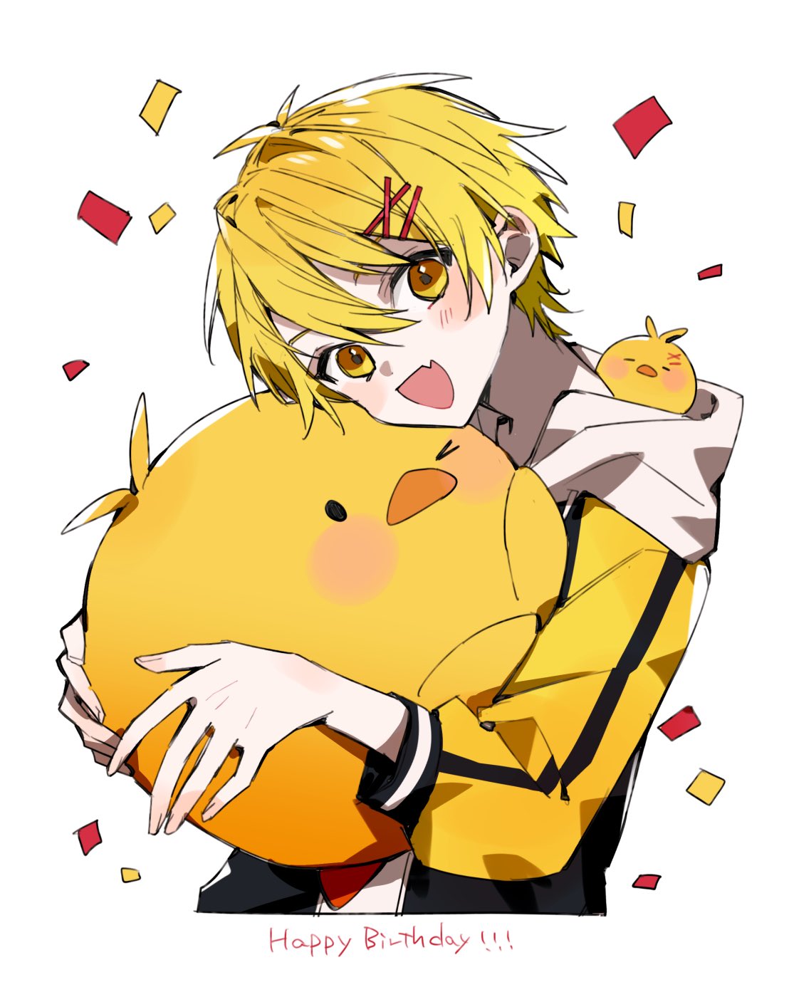 1boy, :d, animal, animal_hug, baby_animal, bird, bishounen, black_jacket