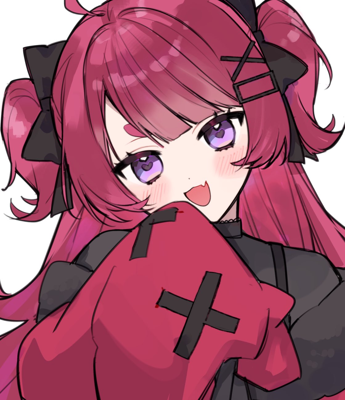 1girl, :3, black_bow, black_shirt, blunt_bangs, bow, character_request, cross-laced_clothes, cross-laced_sleeves, fang, hair_bow, hair_ornament, hand_on_own_chin, hand_up, happy, heart, heart-shaped_pupils, highres, indie_virtual_youtuber, layered_clothes, long_hair, looking_ahead, looking_at_viewer, open_mouth, osr_00_osr, red_hair, red_sleeves, shirt, short_eyebrows, simple_background, skin_fang, sleeves_past_wrists, solo, square_hair_ornament, straight-on, symbol-shaped_pupils, twintails, two_side_up, upper_body, violet_eyes, white_background, x_hair_ornament