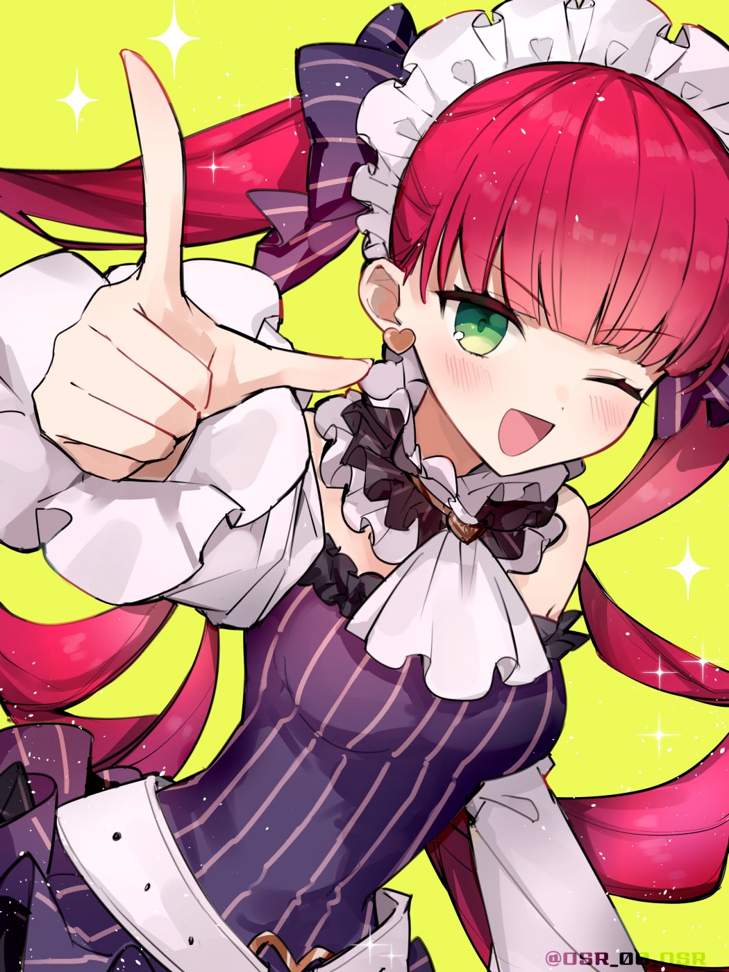 1girl, ;d, ascot, bare_shoulders, belt, blunt_bangs, bow, breasts, collar, detached_sleeves, dress, foreshortening, frilled_collar, frilled_sleeves, frills, green_background, green_eyes, hair_bow, happy, highres, index_finger_raised, indie_virtual_youtuber, l_hand, langue_de_chat_(vtuber), long_hair, long_sleeves, looking_at_viewer, maid_headdress, off-shoulder_dress, off_shoulder, one_eye_closed, osr_00_osr, outstretched_arm, pink_hair, pinstripe_dress, pinstripe_pattern, purple_dress, small_breasts, smile, solo, sparkle, twintails, upper_body, white_ascot, white_belt, white_sleeves