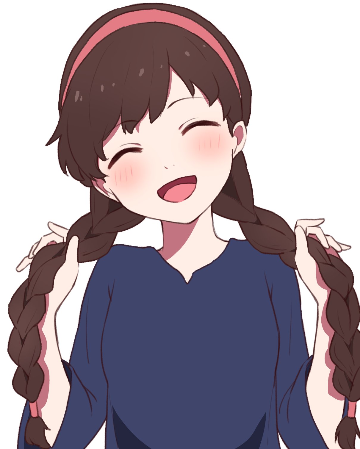 1girl, :d, ^_^, black_dress, blush, braid, brown_hair, closed_eyes, commentary_request, dress, facing_viewer, hairband, hands_up, happy, head_tilt, highres, holding, holding_own_hair, long_hair, long_sleeves, open_mouth, poteto_furai, red_hairband, sheeta, simple_background, smile, solo, tenkuu_no_shiro_laputa, twin_braids, twintails, upper_body, very_long_hair, w_arms, white_background, wide_sleeves