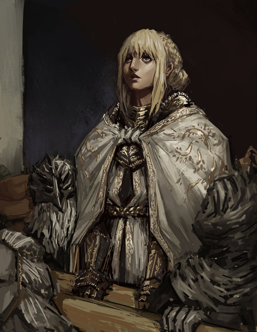 1girl, 3boys, absurdres, armor, armor_under_clothes, asianfissureman, blonde_hair, blunt_bangs