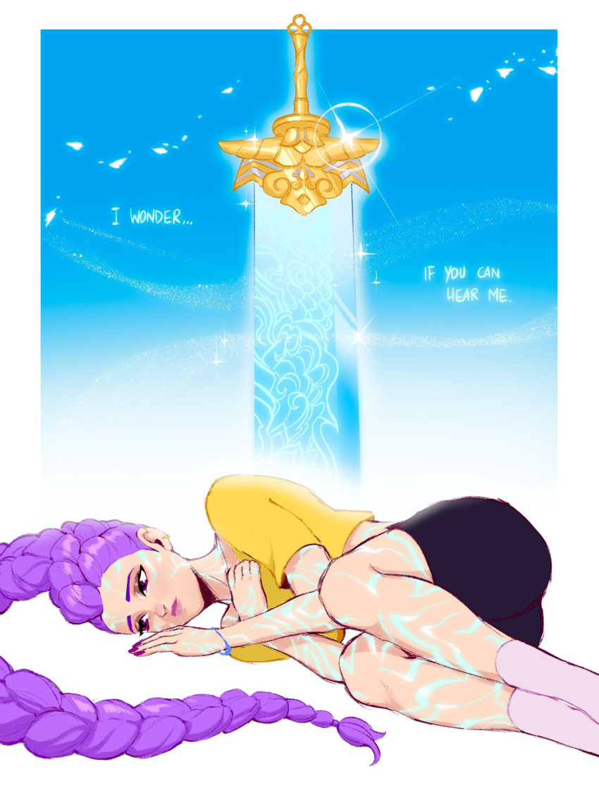 1girl, black_shorts, blue_background, body_markings, bracelet, braid, brown_eyes, closed_mouth, crop_top, demon_girl, english_commentary, eyeshadow, glint, glowing, gradient_background, green_(greeniris), hand_on_own_chest, highres, huge_weapon, jewelry, kpop_demon_hunters, long_braid, long_hair, looking_down, looking_to_the_side, lying, makeup, on_side, pink_lips, purple_eyeshadow, purple_nails, purple_socks, rumi_(kpop_demon_hunters), shirt, shorts, single_braid, socks, solo, sparkle, spoilers, tan, weapon, yellow_shirt