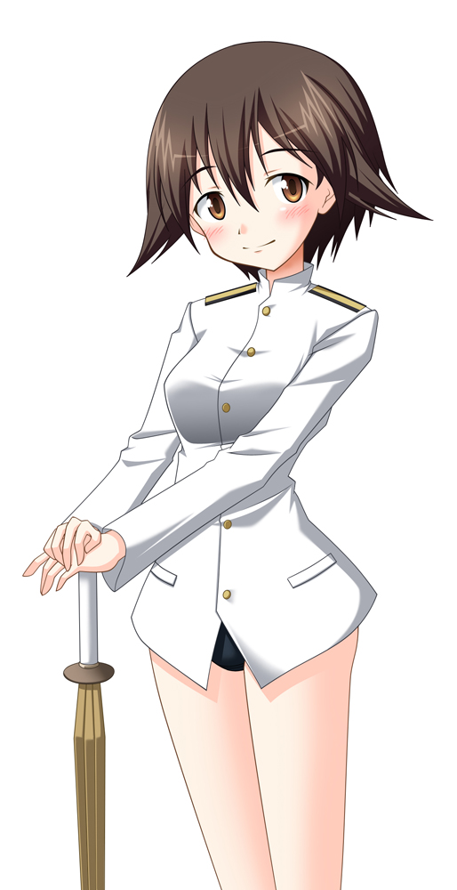brown_eyes, brown_hair, military, military_uniform, miyafuji_yoshika, shinai, short_hair, strike_witches