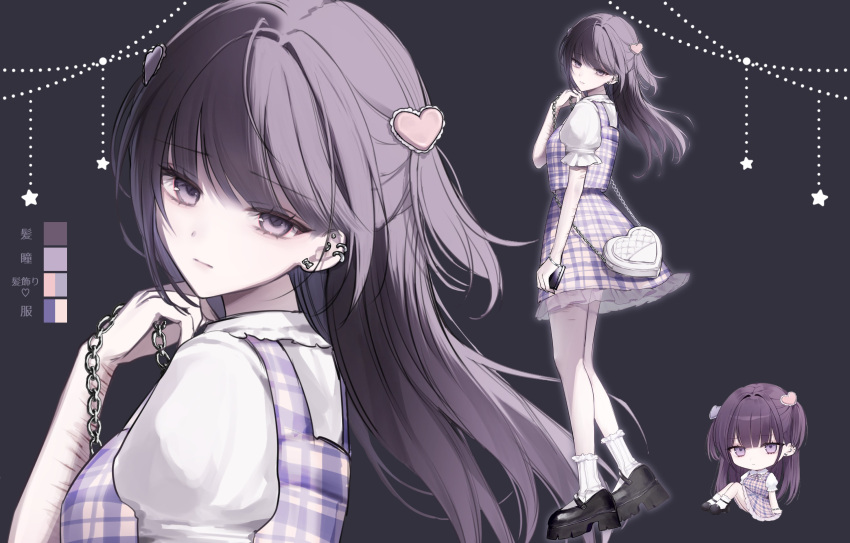 1girl, absurdres, bag, bare_legs, black_shoes, bow, chain, checkered_clothes