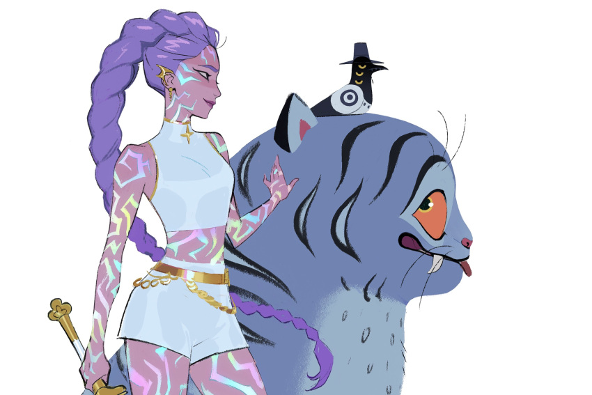 1girl, animal_ears, bare_shoulders, belt, bird, body_markings, braid, brown_eyes, closed_eyes, crop_top, crow, demon, demon_girl, derpy_(kpop_demon_hunters), earpiece, from_side, glowing, hair_flowing_over, hand_up, hat, highres, holding, holding_sword, holding_weapon, kpop_demon_hunters, light_smile, long_braid, long_hair, looking_at_another, looking_to_the_side, looking_up, nixxez2, petting, purple_hair, red_lips, rumi_(kpop_demon_hunters), shorts, simple_background, single_braid, sleeveless, standing, stomach, sussie_(kpop_demon_hunters), sword, tan, thighs, tiger, tiger_ears, tongue, tongue_out, weapon, white_background, white_shorts