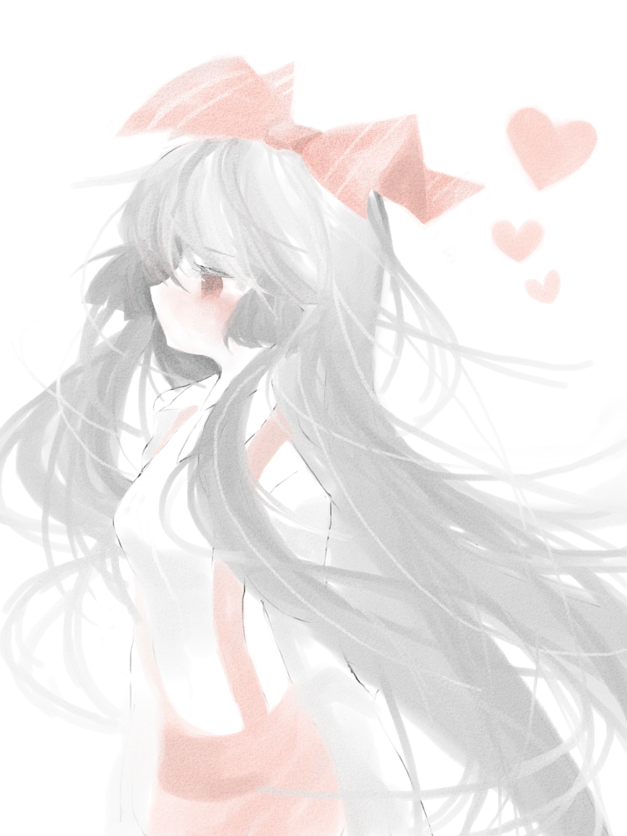 bow, bust, floating_hair, fujiwara_no_mokou, hair_bow, heart, highres, long_hair, mitarasi-1517, profile, silver_hair, solo, touhou