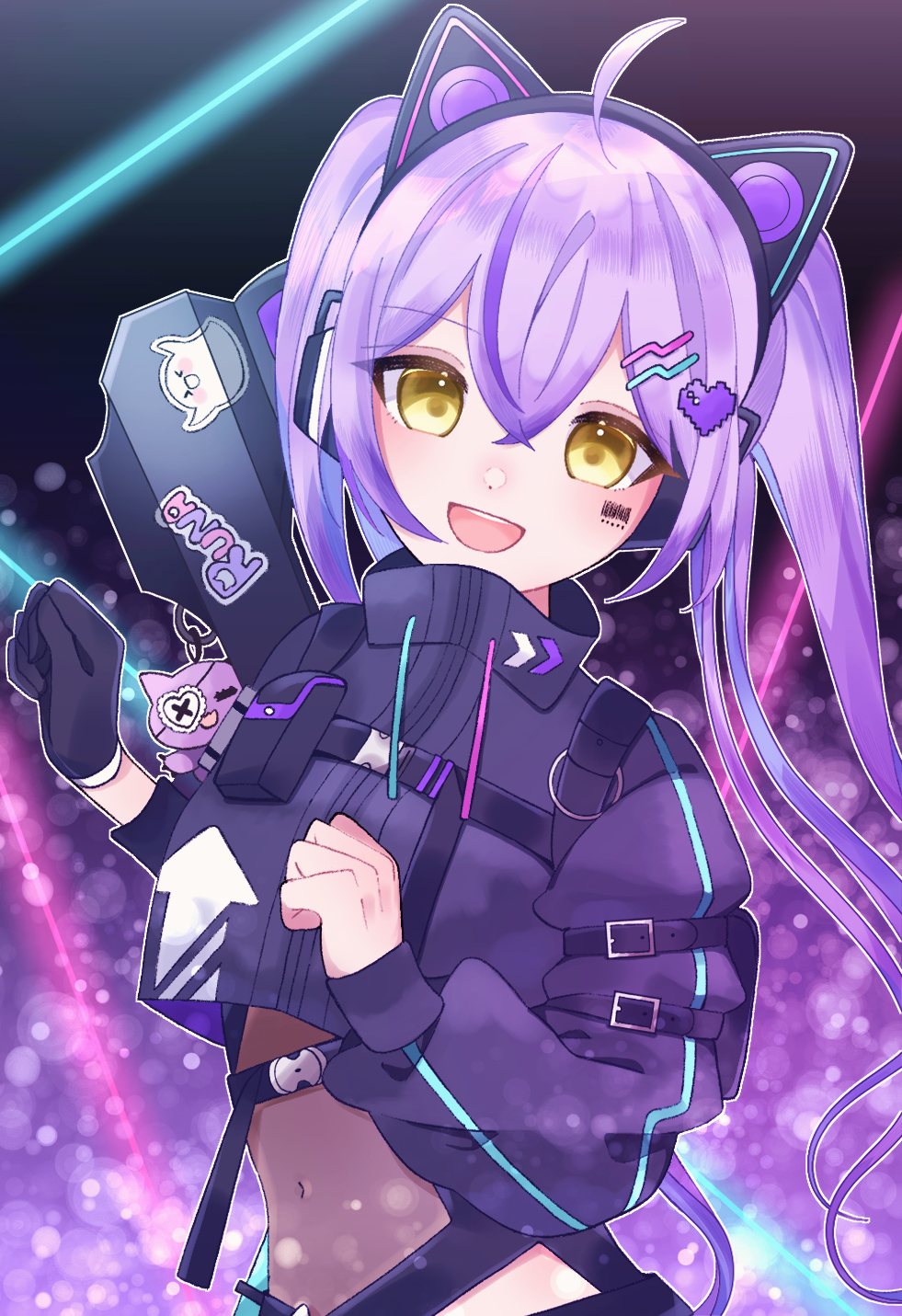 1girl, ahoge, animal_ear_headphones, animal_ears, barcode, barcode_tattoo, black_gloves, black_jacket