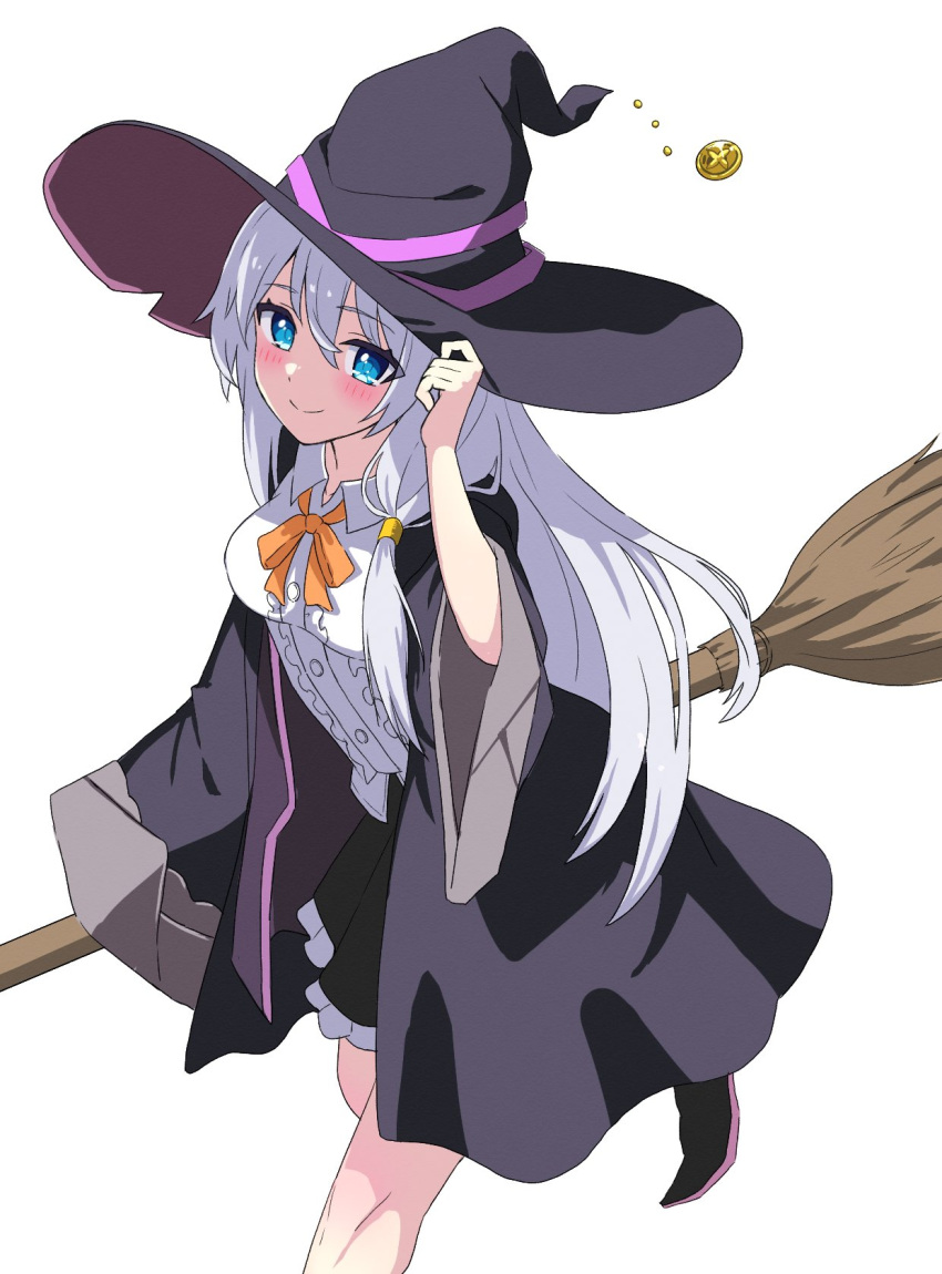 1girl, black_hat, black_robe, black_skirt, blue_eyes, blue_pupils, blush, bow