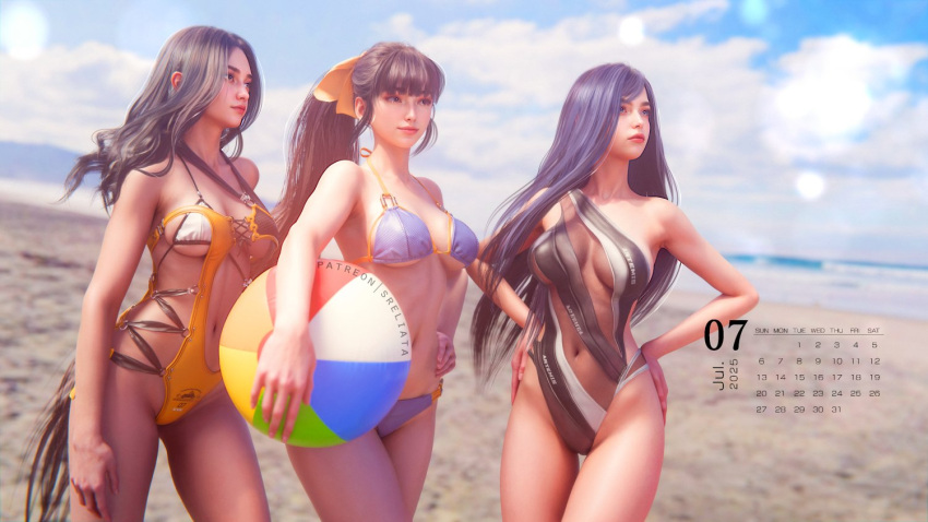3, ball, beach, beachball, bikini, black_hair, black_leotard, breasts