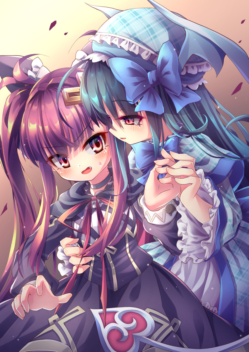 2girls, alucard_lore, black_dress, black_hair, blue_dress, blue_ribbon, dress, emil_chronicle_online