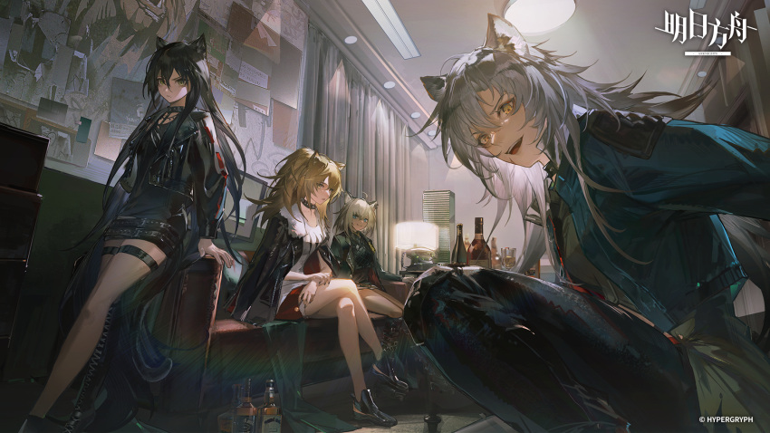 4girls, alcohol, animal_ears, arknights, asymmetrical_footwear, belt, black_choker, black_hair