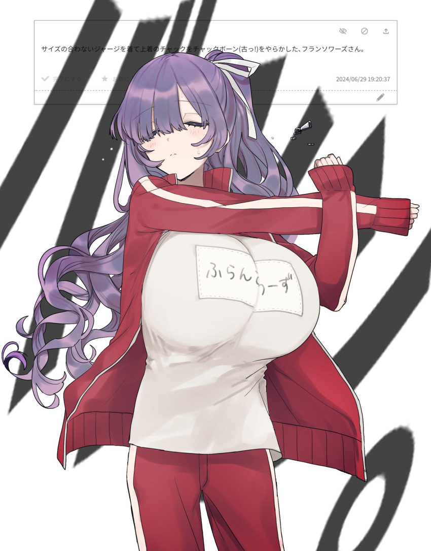 1girl, breasts, closed_eyes, closed_mouth, commentary_request, cowboy_shot, cross-body_stretch, curly_hair