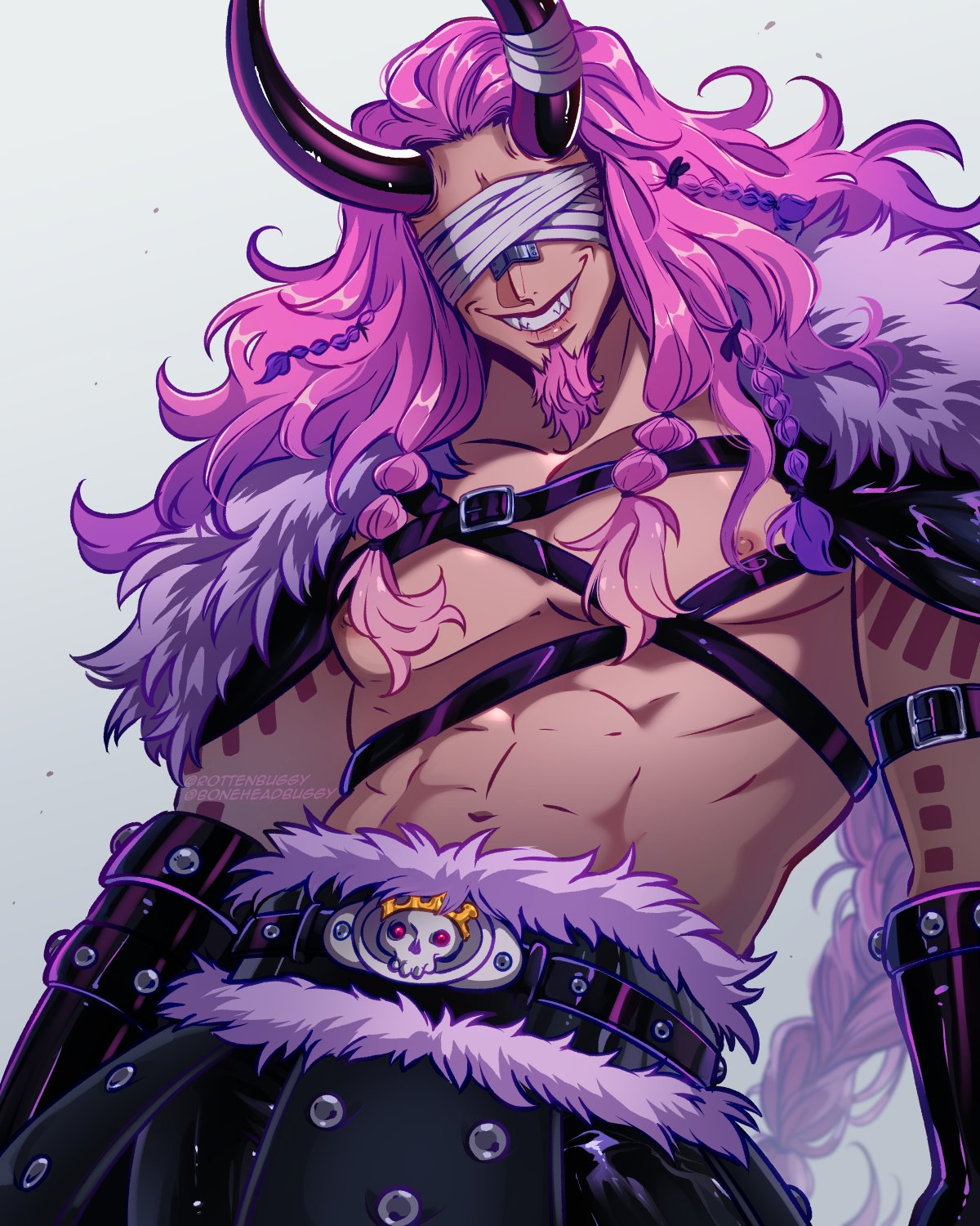 1boy, abs, arm_belt, bandaged_horn, bandages, bandages_over_eyes, bare_pectorals, belt