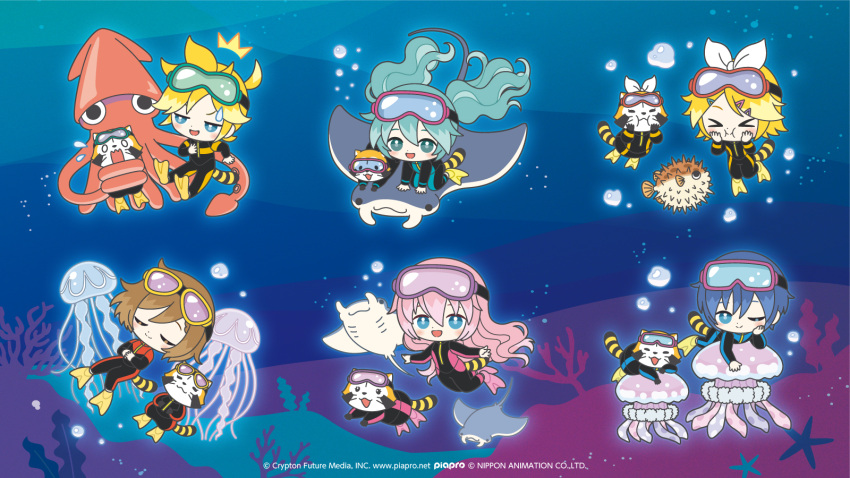 2boys, 4girls, :d, ;), aqua_eyes, aqua_hair, black_wetsuit, blonde_hair