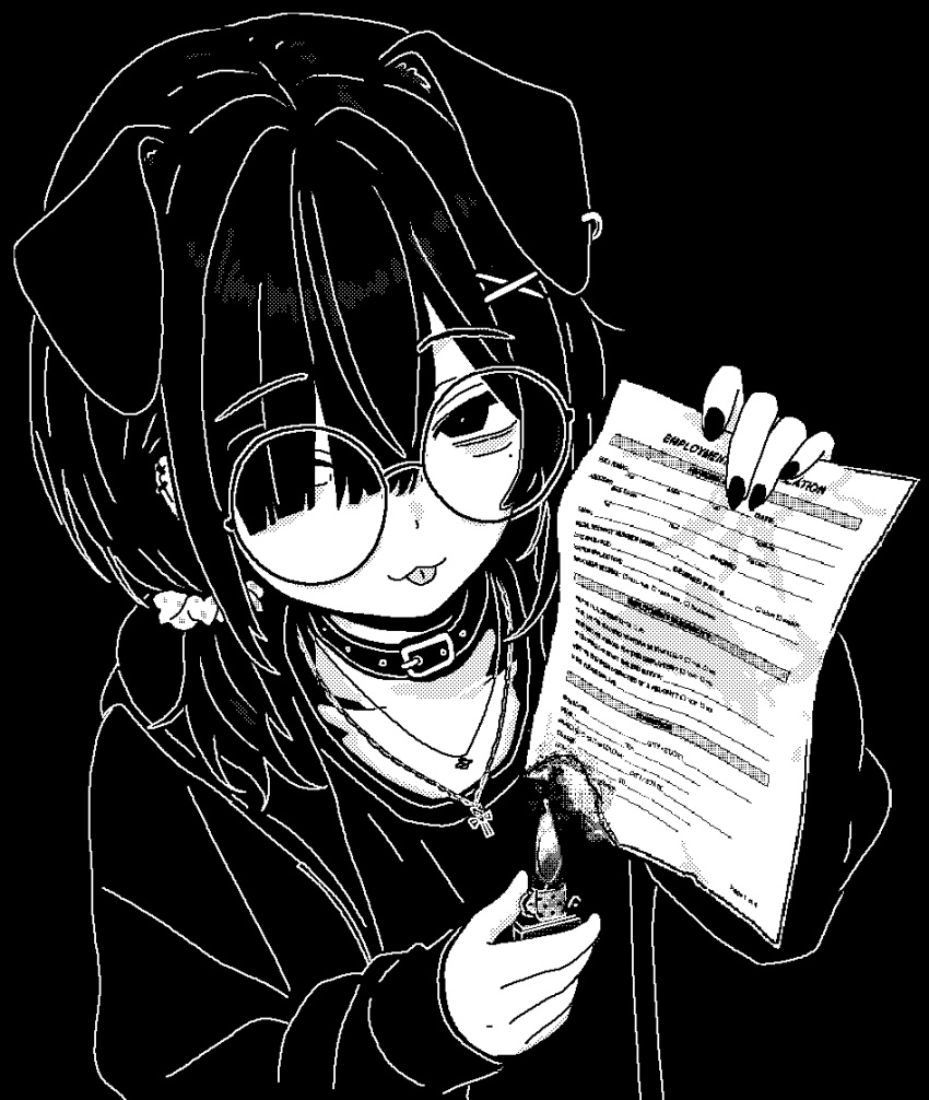 1girl, animal_collar, animal_ears, burning, burning_paper, collar, dog_ears, hair_over_one_eye, highres, holding, holding_lighter, holding_paper, hood, hood_down, hoodie, job_application_form_(meme), lighter, looking_at_viewer, meme, mole, mole_under_eye, monochrome, original, paper, puriririririri, round_eyewear, sleeves_past_wrists, solo, tongue, tongue_out