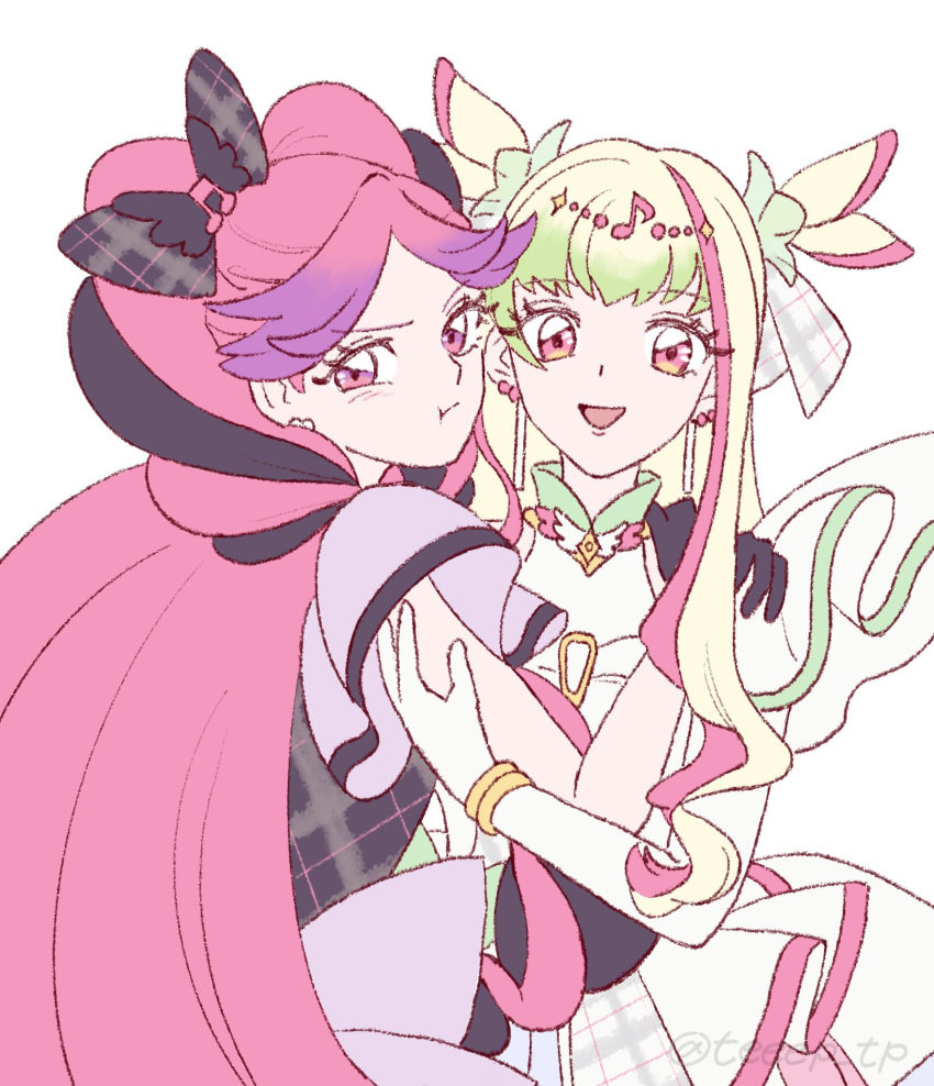 2girls, :t, arms_around_neck, back_bow, beads, black_bow, black_dress, black_gloves