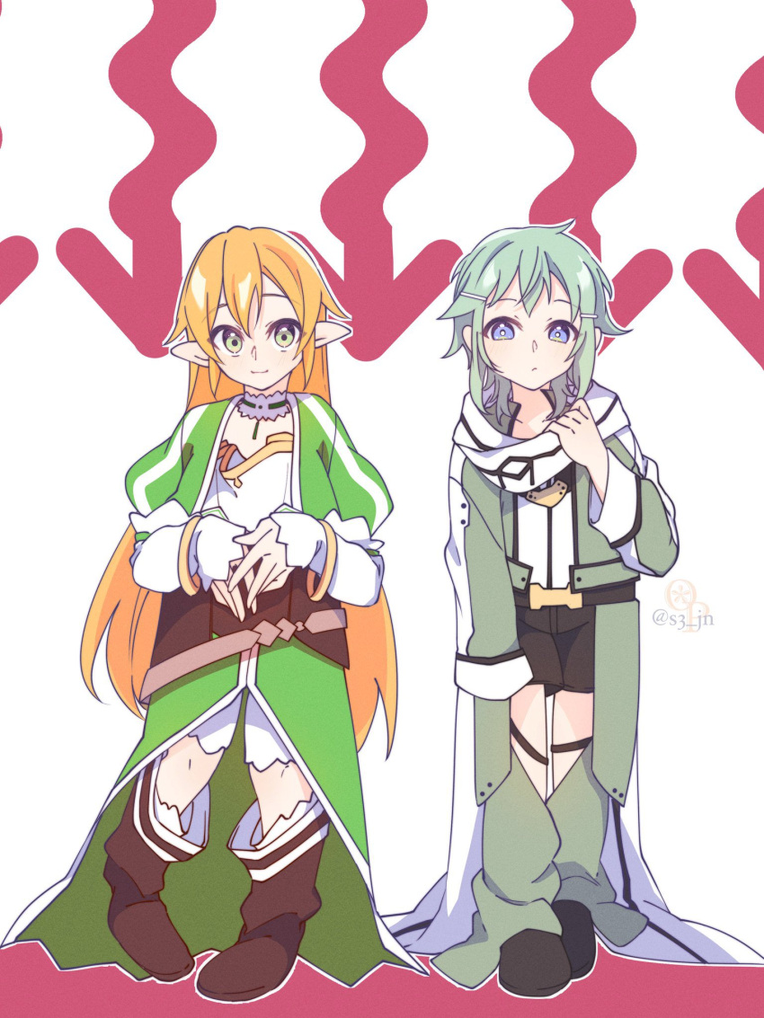 2girls, aged_down, aqua_hair, arrow_(symbol), black_shorts, blonde_hair, blue_eyes, boots