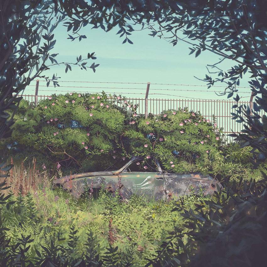 abandoned, barbed_wire, bush, car, day, fence, grass, highres