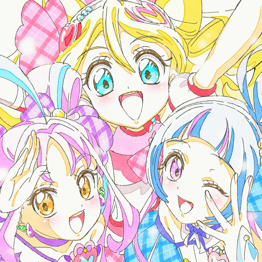 3girls, ahoge, aokaze_nana, arm_up, asymmetrical_dress, bare_shoulders, beads, blonde_hair