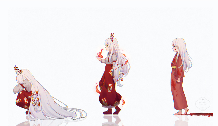 1girl, absurdly_long_hair, absurdres, alternate_costume, barefoot, blood, blood_on_clothes, blood_on_face