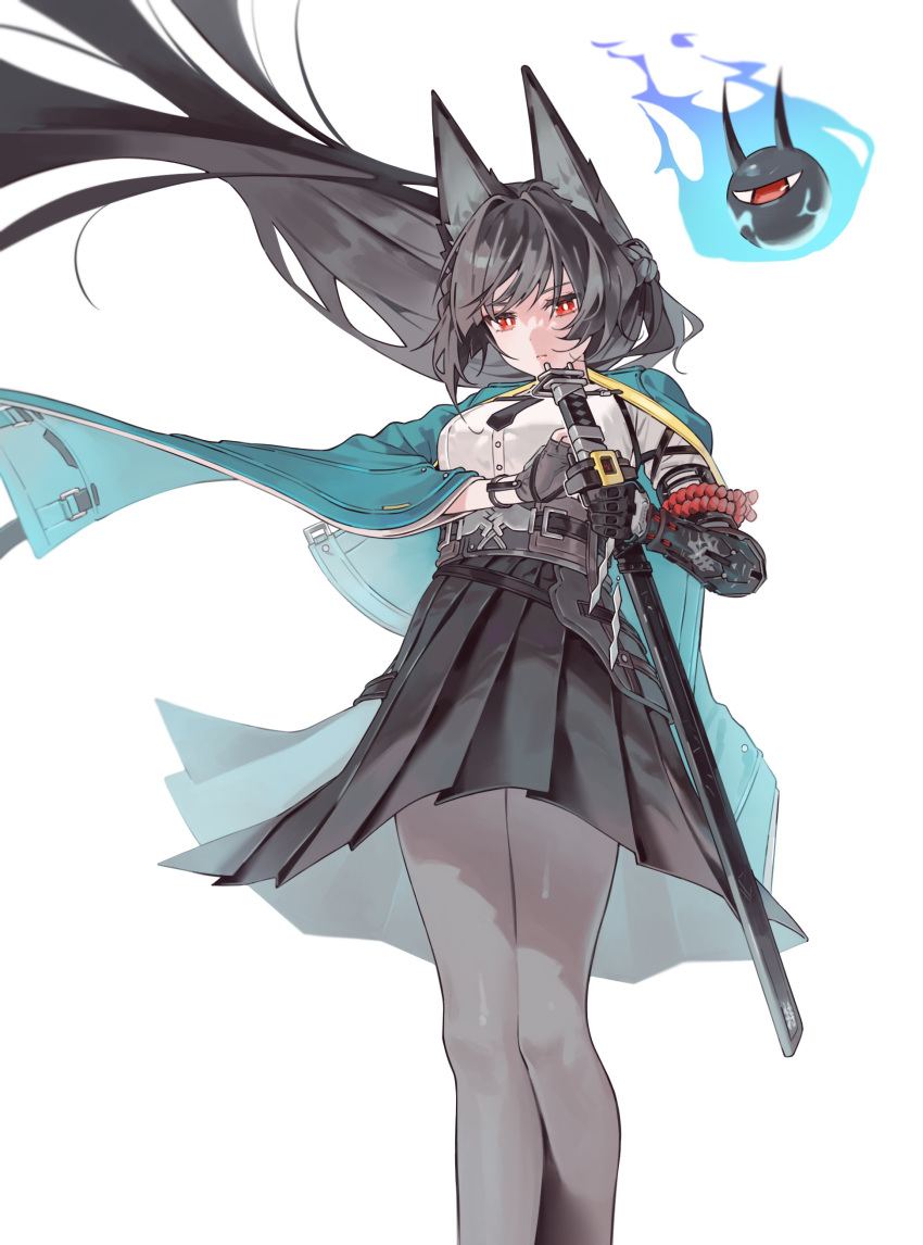 1girl, absurdres, animal_ear_fluff, animal_ears, aqua_jacket, black_hair, black_necktie, black_pantyhose, black_skirt, blunt_bangs, collared_shirt, eyeball, floating_hair, fox_ears, fox_girl, gauntlets, gyechan_(3bib1m), high-waist_skirt, highres, holding, holding_sword, holding_weapon, hoshimi_miyabi, jacket, katana, long_hair, necktie, pantyhose, red_eyes, shirt, simple_background, single_gauntlet, skirt, sword, tailless_(zenless_zone_zero), weapon, white_shirt, zenless_zone_zero