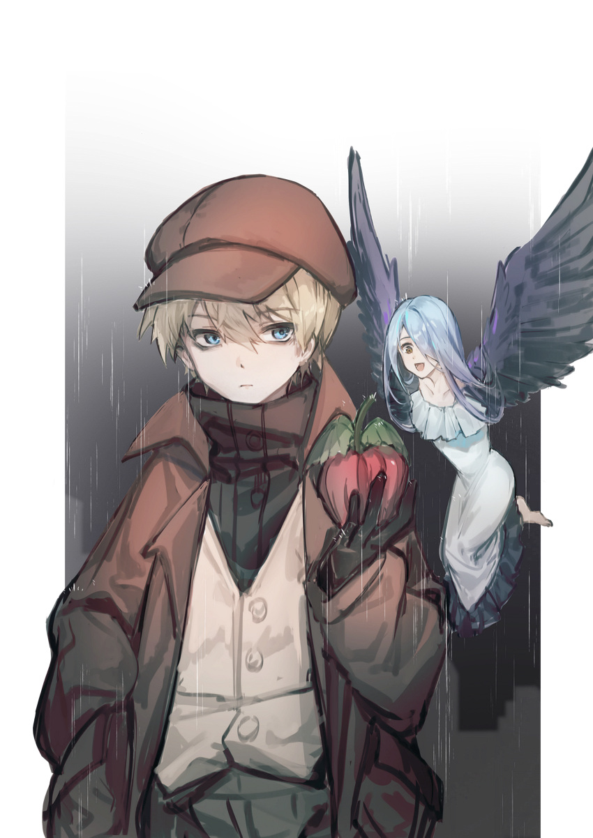 1boy, 1girl, absurdres, apple, barefoot, black_gloves, blonde_hair, blue_eyes