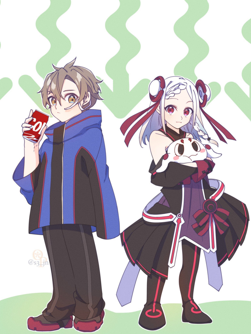 1boy, 1girl, 1other, aged_down, ain-chan, arrow_(symbol), artist_logo, artist_name, augma, bare_shoulders, black_boots, black_dress, black_jacket, black_pants, black_sleeves, blue_jacket, boots, braid, brown_eyes, brown_hair, can, cola, commentary_request, creature, detached_sleeves, dress, eiji_(sao), green_background, highres, holding, holding_can, holding_creature, jacket, logo, long_hair, looking_at_viewer, messy_hair, multicolored_jacket, neosight, outline, oversized_clothes, pants, purple_dress, red_boots, red_eyes, red_trim, short_hair, signature, sword_art_online, sword_art_online_the_movie:_ordinal_scale, thigh_boots, twitter_username, two-tone_background, two-tone_dress, two-tone_jacket, white_background, white_hair, white_outline, yuna_(sao)