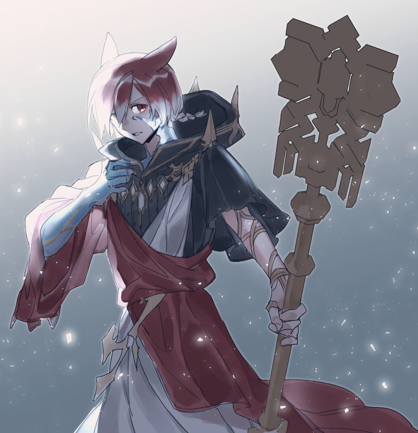 1boy, absurdres, animal_ears, black_robe, braid, braided_ponytail, cat_boy, cat_ears, cowboy_shot, crystal_exarch, crystallization, ff_topet, final_fantasy, final_fantasy_xiv, g'raha_tia, gradient_background, highres, holding, holding_staff, looking_at_viewer, male_focus, material_growth, miqo'te, multicolored_hair, parted_lips, red_eyes, red_hair, red_robe, robe, short_hair, single_braid, slit_pupils, solo, staff, standing, two-tone_hair