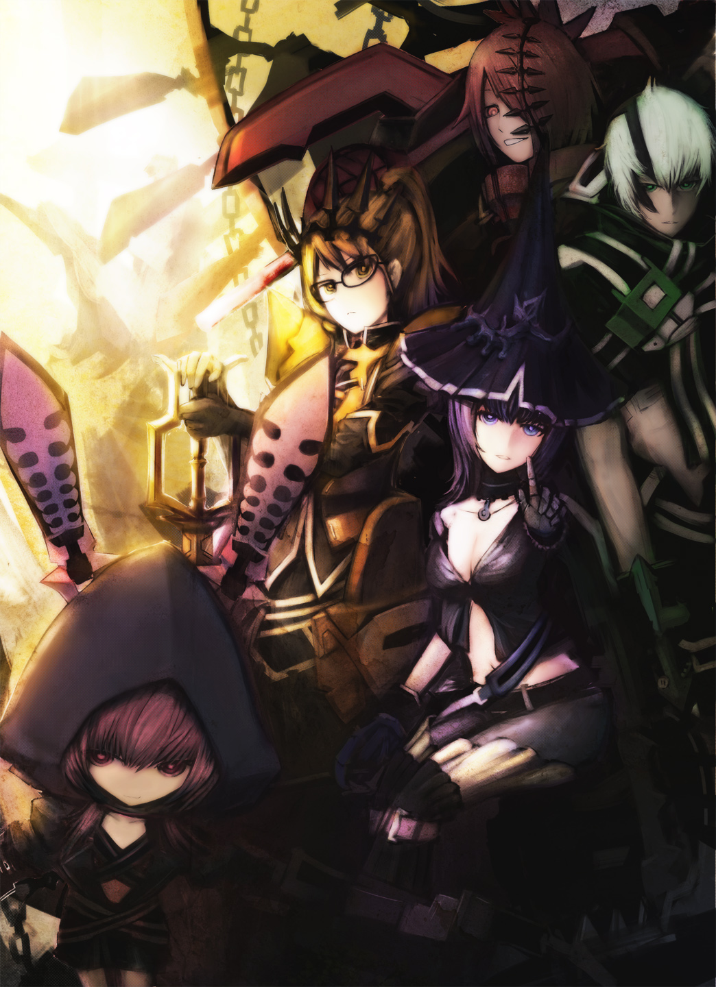 2boys, 3girls, animal_hood, belt, black_hoodie, black_rock_shooter, black_rock_shooter_(character), black_rock_shooter_(game)
