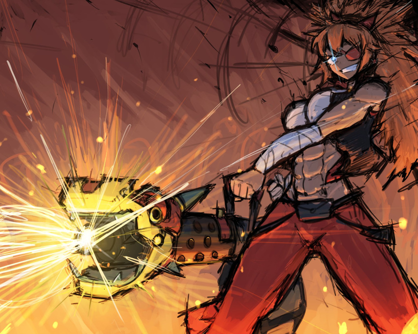 1girl, abs, bandaged_arm, bandages, belt_pouch, black_jacket, blue_eyes, brown_background, chest_sarashi, colored_eyepatch, commentary, commission, cropped_jacket, enduranceex, english_commentary, eyepatch, fake_horns, firing, gatling_gun, glowing, glowing_eye, grin, gun, high_ponytail, highres, holding, holding_gun, holding_weapon, horns, huo-long_heater, jacket, long_hair, looking_ahead, minigun, muscular, muscular_female, open_mouth, orange_hair, original, pants, ponytail, pouch, red_pants, sarashi, sleeveless, sleeveless_jacket, smile, solo, team_fortress_2, teeth, weapon, zess_(zestyjesus)