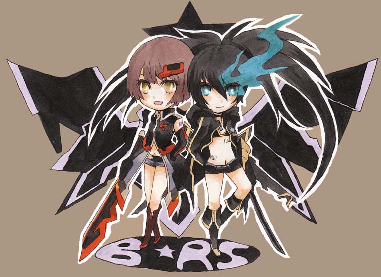 2girls, aratak, black_coat, black_hair, black_rock_shooter, black_rock_shooter_(character), black_rock_shooter_(game), black_shorts
