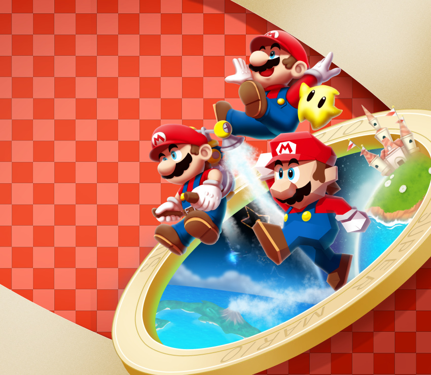 3boys, absurdres, blue_eyes, blue_overalls, brown_hair, brown_shoes, castle, checkered_background