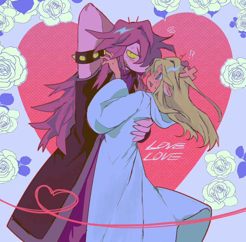 !?, 2girls, @_@, animal_ears, antlers, arm_behind_head, armlet, black_eyes