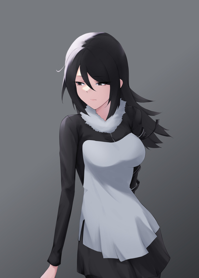 1girl, absurdres, black_dress, black_eyes, black_hair, breasts, cowboy_shot, digimon, digimon_story:_cyber_sleuth, dress, grey_background, highres, kamishiro_yuuko, long_hair, medium_breasts, simple_background, solo, two-tone_dress, white_dress, zigma_s
