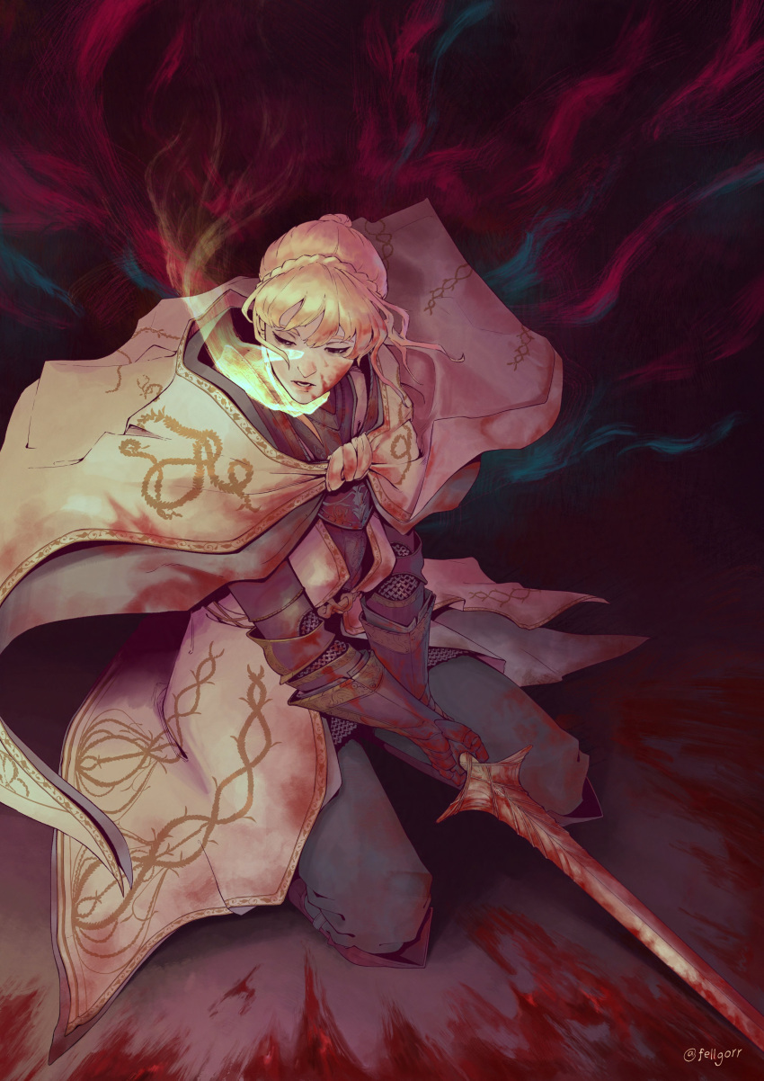1girl, absurdres, armor, armor_under_clothes, blonde_hair, blood, blood_in_hair, blood_on_clothes