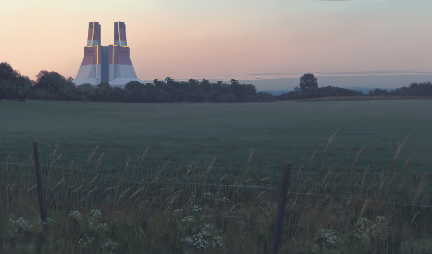absurdres, architecture, building, clouds, cloudy_sky, day, fence, field, grass, highres, no_humans, outdoors, plant, scenery, science_fiction, simon_stalenhag, sky, swedish_machines, tree