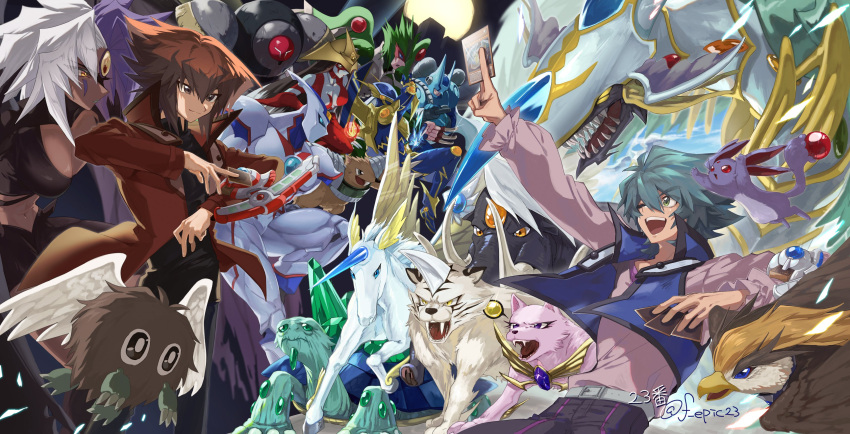 1girl, 1other, 6+boys, absurdres, black_shirt, blue_eyes, blue_hair, blue_vest