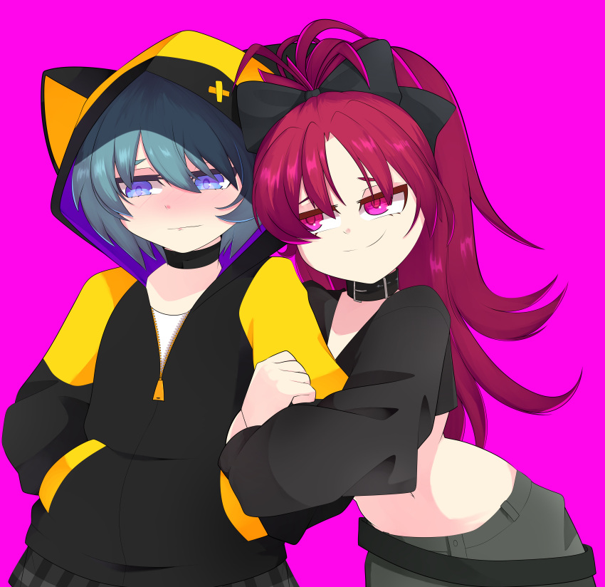 2girls, absurdres, animal_hood, arm_hug, black_choker, blush, choker, hands_in_pockets, highres, hood, hoodie, looking_at_another, mahou_shoujo_madoka_magica, mahou_shoujo_madoka_magica_(anime), miki_sayaka, multiple_girls, navel, sakura_kyoko, shion_(shion_aster), yuri