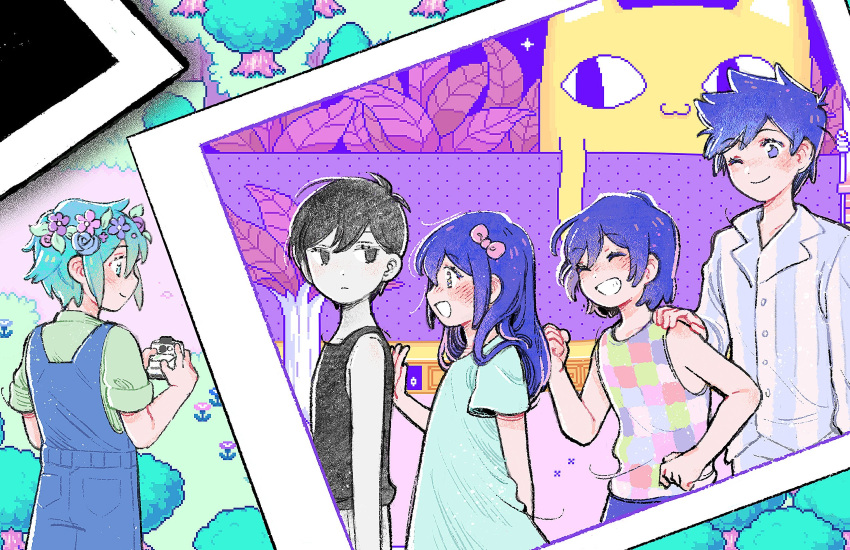 1girl, 4boys, antenna_hair, aubrey_(headspace)_(omori), aubrey_(omori), basil_(headspace)_(omori), basil_(omori), big_yellow_cat_(omori)